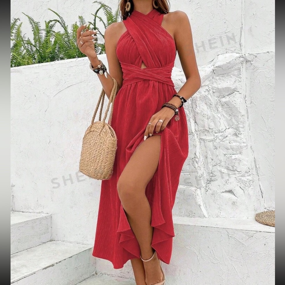 Red Tie Backless Halter Dress